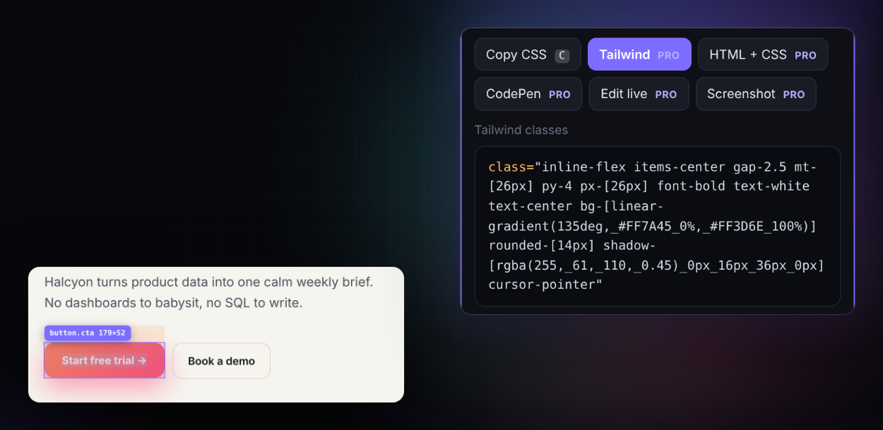 Tailwind classes generated from a pinned button